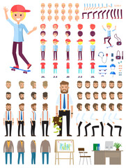 Create character. Set of different illustrations with body parts. Businessman and teenager. Icons with different types of faces, emotions, clothes. Front, side, back view of male person cartoon design