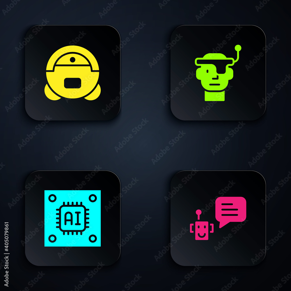 Poster set bot, robot vacuum cleaner, processor with microcircuits cpu and smart glasses. black square butt