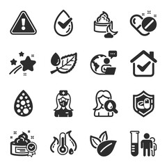 Set of Healthcare icons, such as Cream, Leaf dew, Moisturizing cream symbols. Medical pills, Medical tablet, Organic product signs. Fever temperature, Dermatologically tested, Nurse. Vector
