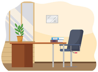 Modern workplace flat design. Office chair and office desk with stack of books in cozy room interior. Furniture and equipment for the workplace of an employee or office worker, vector interior