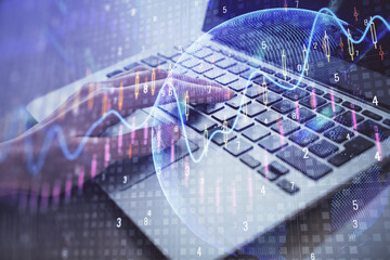 Double exposure of woman hands typing on computer and forex chart hologram drawing. Stock market analysis concept.