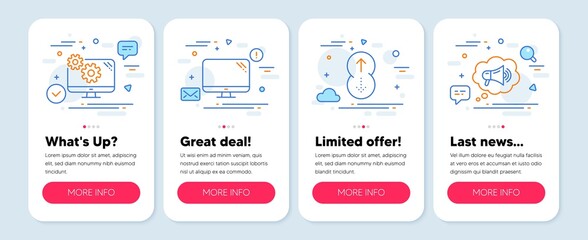 Set of Technology icons, such as Computer, Settings, Swipe up symbols. Mobile screen mockup banners. Megaphone line icons. Pc component, Cogwheel tool, Scrolling page. Brand message. Vector