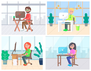 People working with computer, business workplace. Man and woman employees using pc, sitting at table with documents, office and wireless device vector