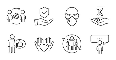 Time hourglass, Engineering team and Hold heart line icons set. Consulting business, Medical mask and Teamwork signs. Insurance hand, Like symbols. Sand watch, Engineer person, Care love. Vector