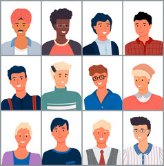 Set of people different nationalities. Close-up of young men. Arabs, Europeans, Africans. Modern young people. Avatar characters isolated on white, large characters collection. Flat vector image