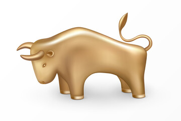 Golden Metal Bull. Symbol of the New Year 2021 on Chinese lunar calendar. 3d icon and logo. Realistic gold metallic figurine of cow or ox