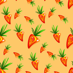 Carrots and ladybugs on an orange background. Seamless natural pattern. Healthy food and ecology. Vector on the theme take care of nature.