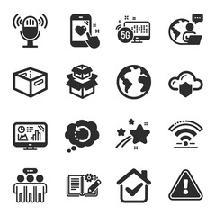 Set of Technology icons, such as World planet, Analytics graph, Cloud protection symbols. Heart rating, Employees group, Recovery data signs. 5g internet, Wifi, Engineering documentation. Vector
