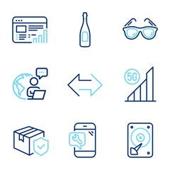 Business icons set. Included icon as Sync, 5g wifi, Hdd signs. Phone repair, Web report, Sunglasses symbols. Champagne, Parcel insurance line icons. Synchronize, Wireless signal. Vector