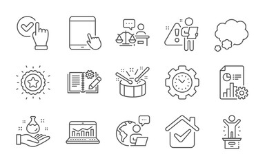 Fototapeta na wymiar Checkbox, Tablet pc and Time management line icons set. Court judge, Engineering documentation and Talk bubble signs. Chemistry lab, Winner podium and Report symbols. Line icons set. Vector