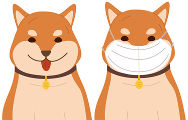 Dog is putting on a mask. Red-haired dog with a mask on. Happy ginger dog in medical mask, vector illustration, isolated on white, background. Self-isolation during quarantine, and pandemic