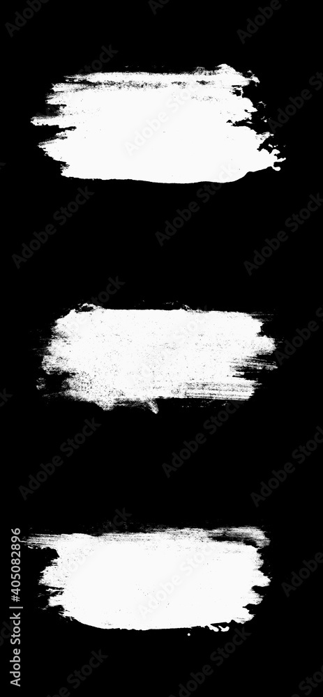 Poster set three white strokes of paint isolated on a black background.