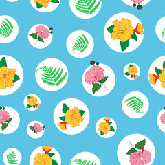 Fern plant and hibiscus flowers seamless pattern