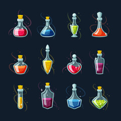 Chemical potion magic vials set. Red elixir regeneration and magic mana replenishment glass flasks with potion for game mechanics and interface green substance with bubbles. Vector cartoon making.