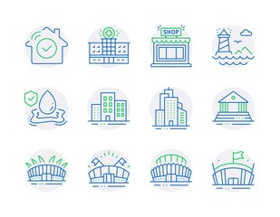 Buildings icons set. Included icon as House security, Skyscraper buildings, Arena stadium signs. Flood insurance, Sports arena, Court building symbols. Shop, Lighthouse, Sports stadium. Vector