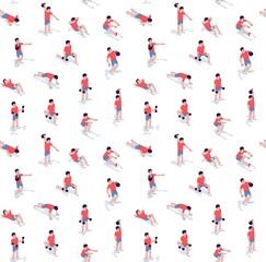 Fototapeta na wymiar Workout exercise seamless pattern isometric. Athletic muscle training pattern. Vector illustration.