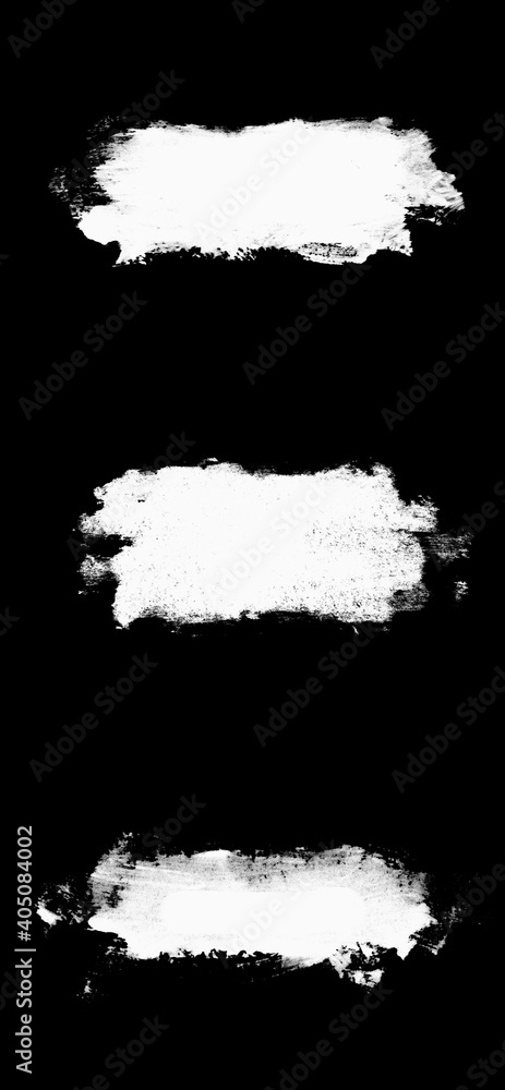 Poster set three white strokes of paint isolated on a black background.