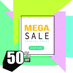 Mega sale, promo, memphis style web banner, poster, tag and flyer. Fashion and travel discount poster. EPS 10 Vector holiday Abstract colorful illustration with special offer and promotion.