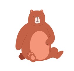 Cute grizzly bear sitting and holding paw on its fat belly. Funny smiling brown teddy character isolated on white background. Colored flat vector illustration