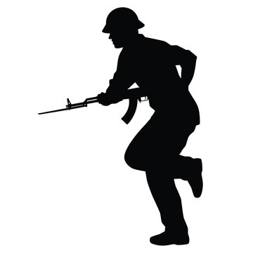Vietcong soldier with rifle gun in Vietnam war silhouette vector, military man in the battle.