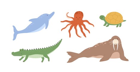 Set of cute underwater animals. Octopus, dolphin, turtle, crocodile and walrus. Collection of marine mammals isolated on white background. Colored flat vector illustration