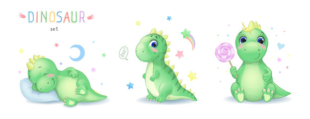 Lamas personalizadas con tu foto Vector illustration of cartoon cute dinosaur character set. Sleepping, sitting cartoon watercolor dinosaur with candy