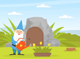 Cute Gnome Watering Flowers at His Stone House, Funny Fairy Tale Dwarf on Summer Landscape Vector Illustration