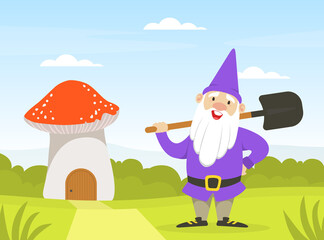 Cute Gnome Standing with Shovel next Mushroom House, Funny Fairy Tale Dwarf on Summer Landscape Vector Illustration