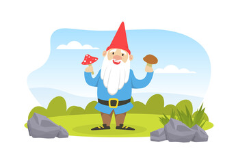 Cute Gnome Picking Up Mushrooms, Funny Fairy Tale Dwarf Standing on Summer Landscape Vector Illustration