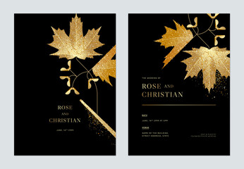 Floral wedding invitation card template design, golden sugar maple leaves with seeds on black