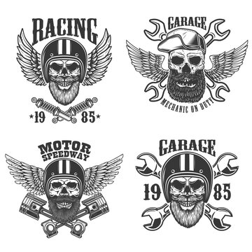 Set of the emblems with bearded skull in racer helmet with wings. Design element for logo, label, sign, emblem, poster, t shirt. Vector illustration