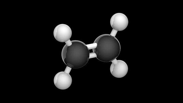 Structural chemical formula and molecular structure of Ethylene (C2H4). 3D render. Seamless loop. Isolated and rotating on black background. Ball and Stick chemical structure model.