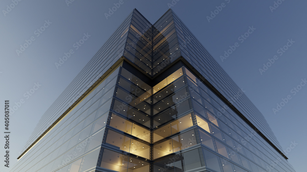 Poster low angle view of generic modern office skyscrapers. 3d rendering .