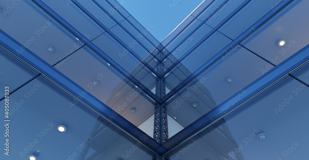 Poster low angle view of generic modern office skyscrapers. 3d rendering .