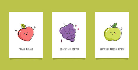 Collection of cards with fruits and funny phrases. Set of kawaii drawings with cute fruits and berries - peach, grape and apple. Each drawing is complemented with smart tagline.