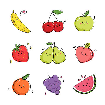 Collection of fruits expressing positive emotions. Set of drawings with fruits and berries in kawaii style.