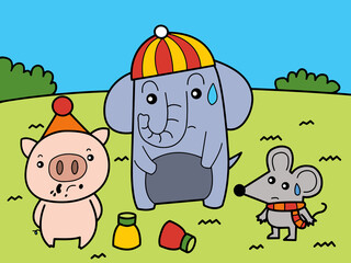 Fototapeta premium Elephant, pig and mouse play together in a park