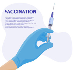 A syringe of medicine. Physician's hands in blue protective medical gloves. Flu vaccination, anesthesia, beauty injection in cosmetology. Treatment and protection against viral infections and diseases