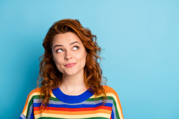Close up portrait of curly hairstyle person look empty space imagine thinking pullover isolated on...