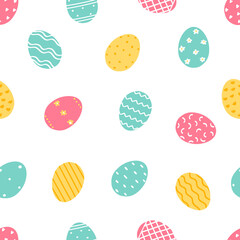 Happy Easter eggs seamless pattern on white background. Cute easter eggs. Vector Illustration flat style design for invitations, prints, wrapping paper.