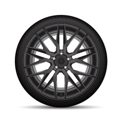 Realistic vector black alloy car wheel tire style sport on white background illustration.