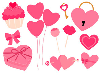 Set Valentine's day hearts gifts candy vector illustration