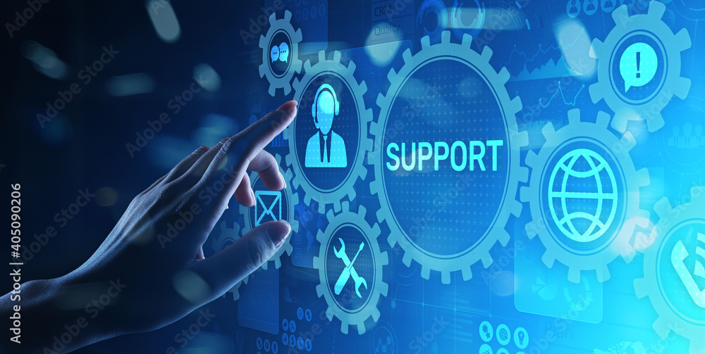 Poster Support button on virtual screen. Customer service and communication concept.