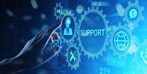 Support button on virtual screen. Customer service and communication concept.