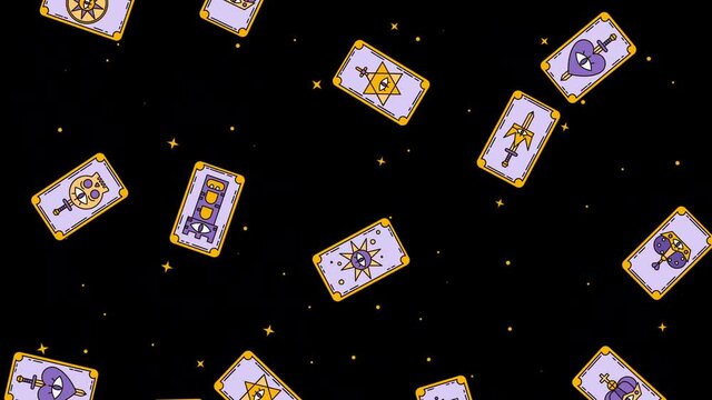 Animation logo for a tarot reader, Cartoon background for fortune telling on tarot cards, witch, magic, occultism, prediction, esoteric. Stars move against a dark background, tarot card fall and fly