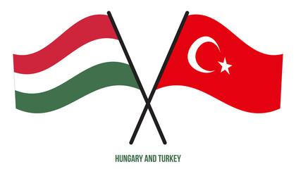 Hungary and Turkey Flags Crossed And Waving Flat Style. Official Proportion. Correct Colors.