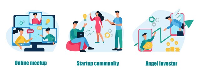 Fototapeta na wymiar A set of business concepts and metaphors. Online meetup, Startup community, Angel investor. Teamwork, business development. Flat cartoon vector illustration.