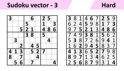 Sudoku game with answers. Simple vector design set Sudoku. Blank template. Complexity of the task is hard.