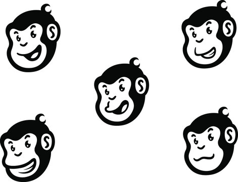 Set of Head of Funny Cartoon Monkey (Chimpanzee) Character