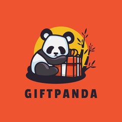 Vector Logo Illustration Gift Panda Simple Mascot Style.